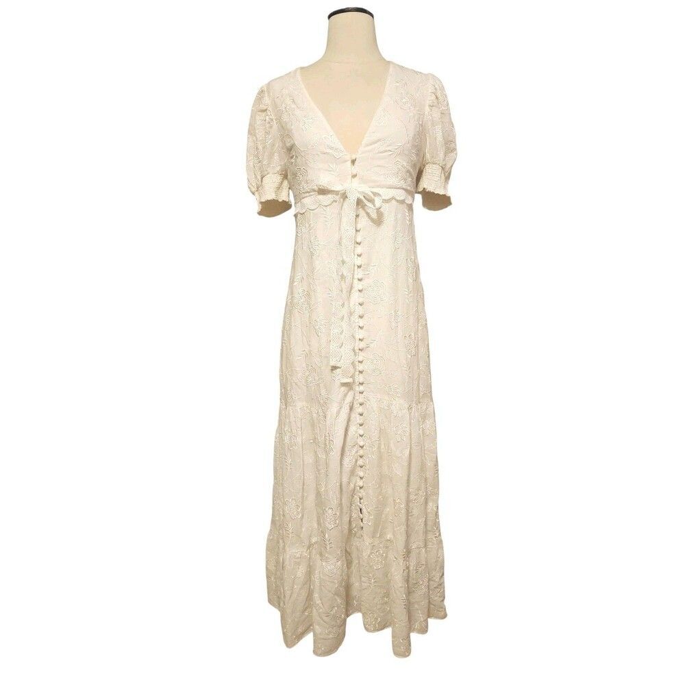 Alice + Olivia Babydoll Maxi Dress Womens 4 Coquette Embroidered White Tiered